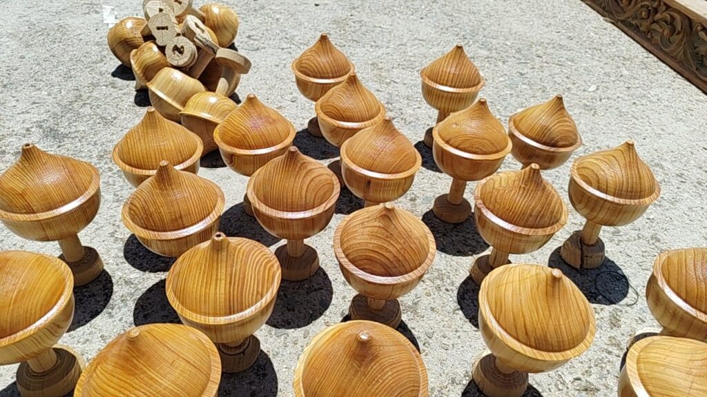 Handcrafted wooden decorative items prepared for Dev Adi Bhram Temple in Himachal Pradesh